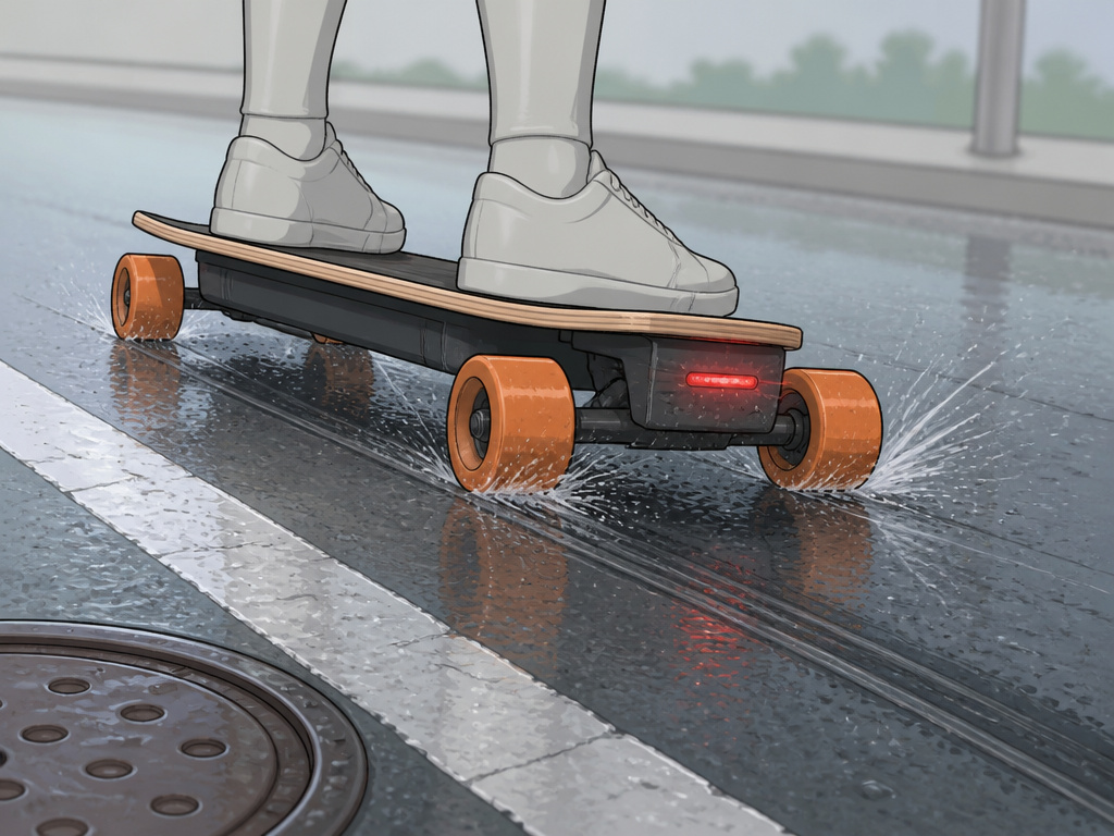 Electric skateboard wheels losing traction on wet pavement, safety hazard.
