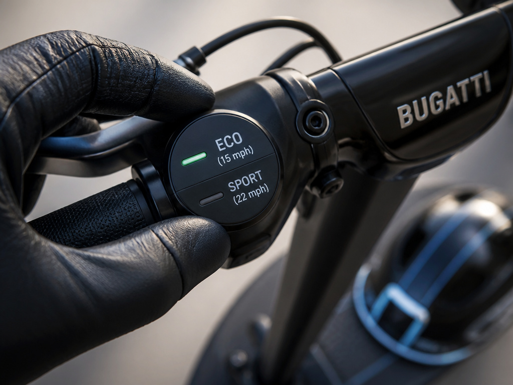 Bugatti scooter speed dial set to Eco mode for legal compliance and safety.