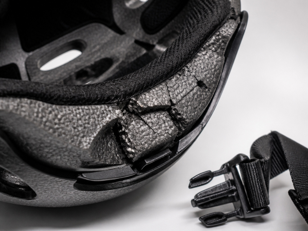 Close-up of damaged snowboard helmet foam liner and detached safety buckle