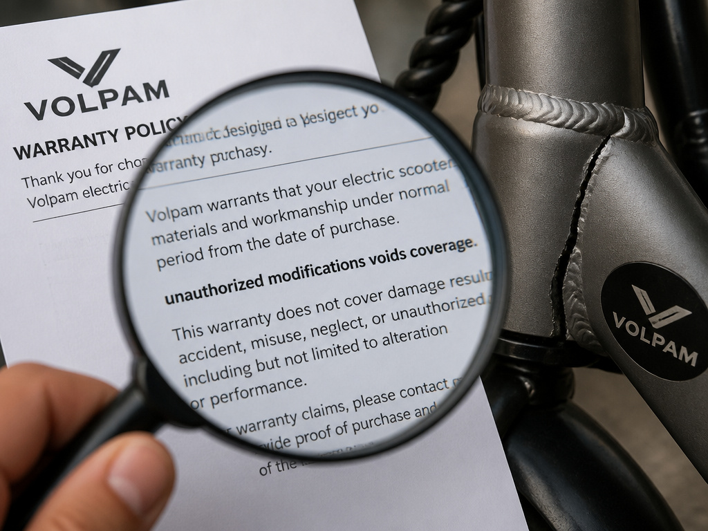 Close-up of Volpam scooter warranty fine print next to a cracked frame