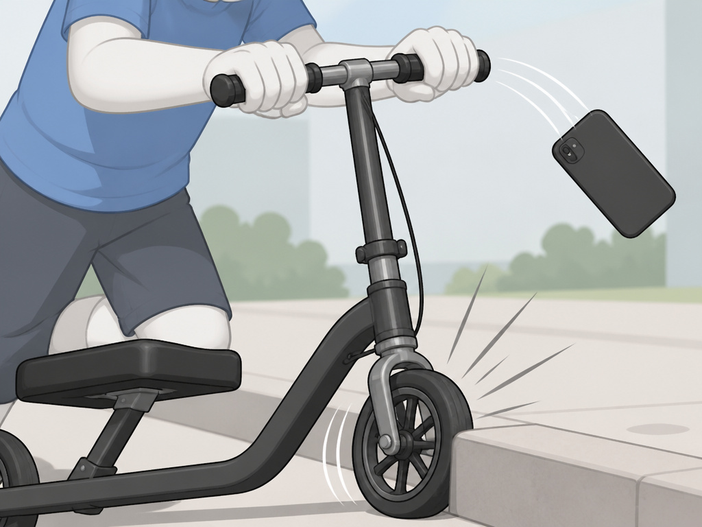 Knee scooter safety warning about keeping both hands on handlebars.