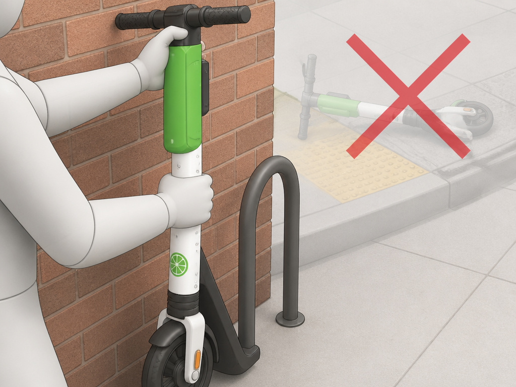 Proper Lime scooter parking etiquette against a wall near a bike rack.