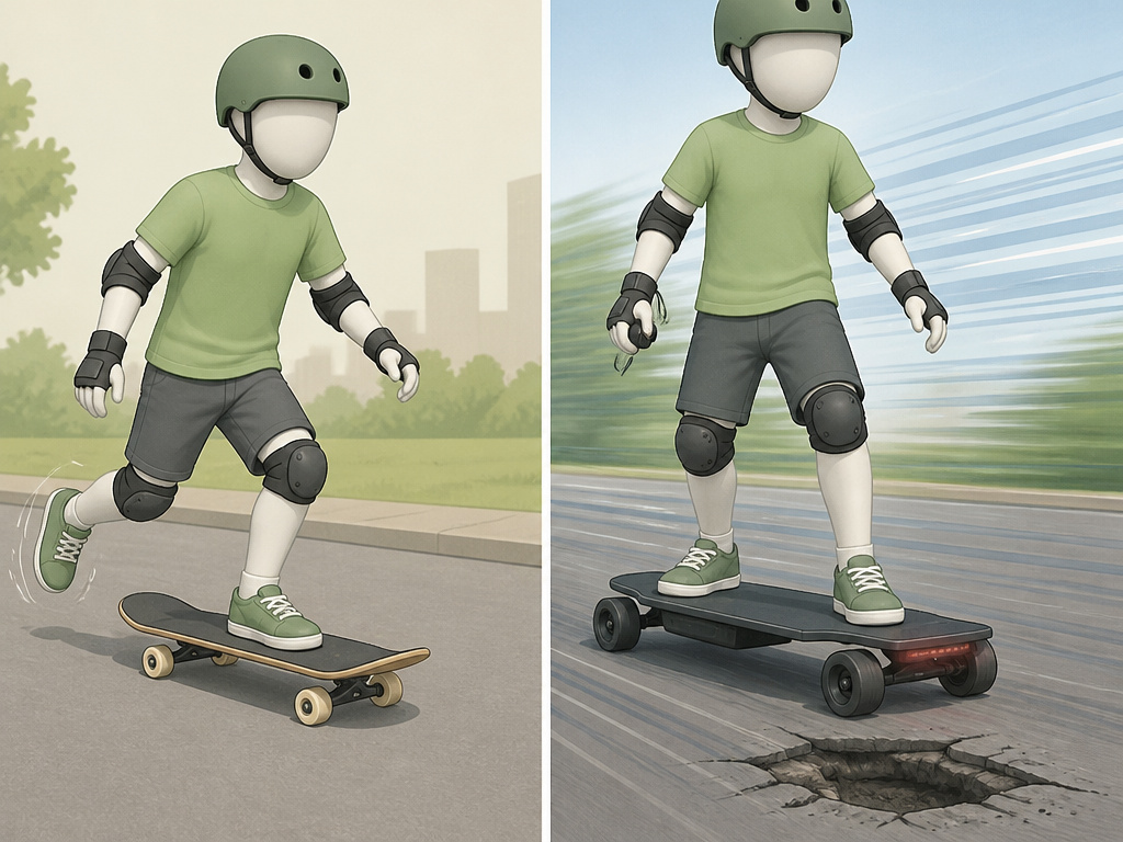 Beginner skateboarder pushing vs electric skateboard rider at high speed comparison