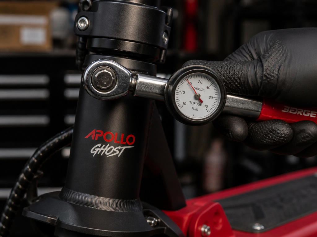 Checking stem bolt torque on an Apollo Ghost electric scooter for safety.