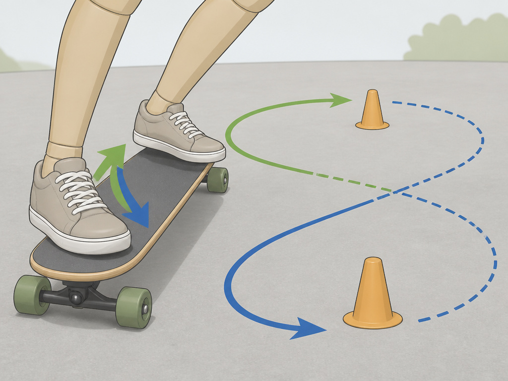Longboarder practicing figure-eight turns by shifting weight for heelside and toeside carves.