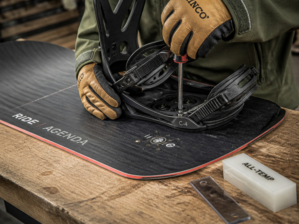 Setting up Ride Agenda snowboard bindings and waxing extruded base