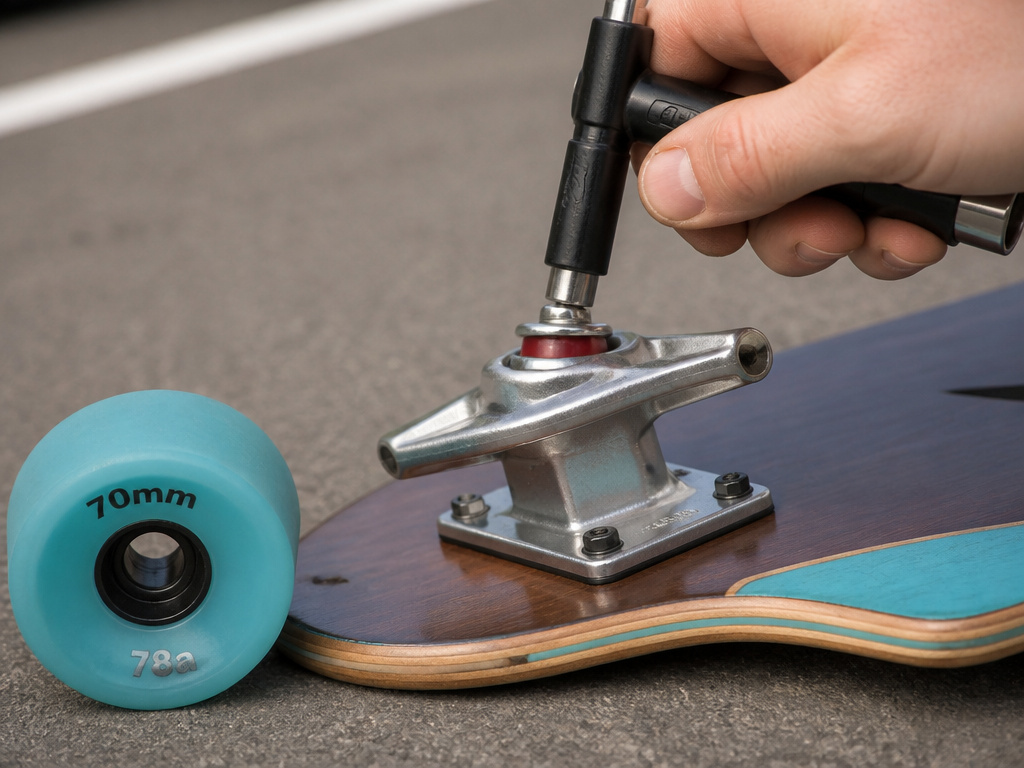 Beginner adjusting pintail longboard trucks and wheels for stable setup.