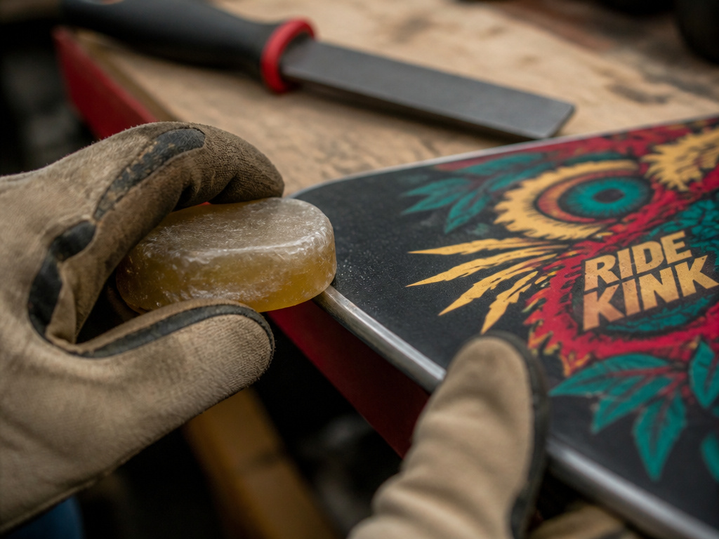 De-tuning a Ride Kink snowboard edge with a gummy stone for park riding.