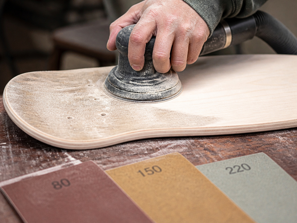 Shaping and sanding a wooden longboard deck with an orbital sander.