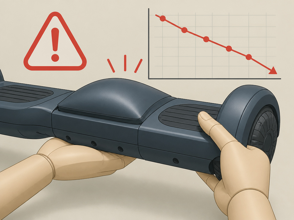 Close-up of a swollen hoverboard battery, a key sign of failure and safety risk.