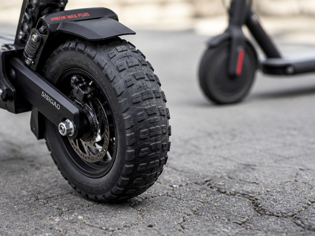 Sisigad Arrow Max Plus fat tire versus competitor's skinny tire on pavement.
