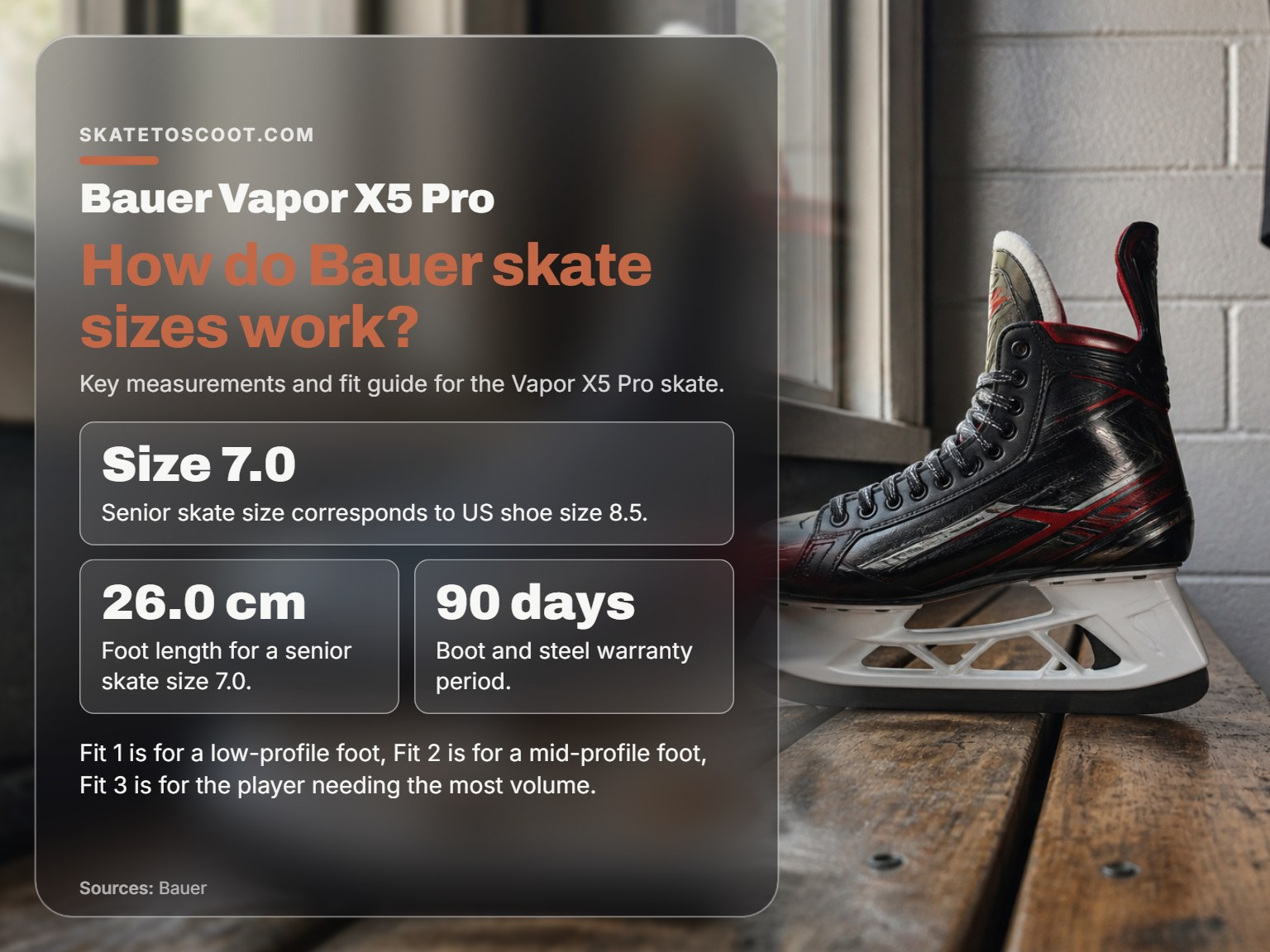 A Bauer Vapor X5 Pro ice hockey skate showing its profile and holder.