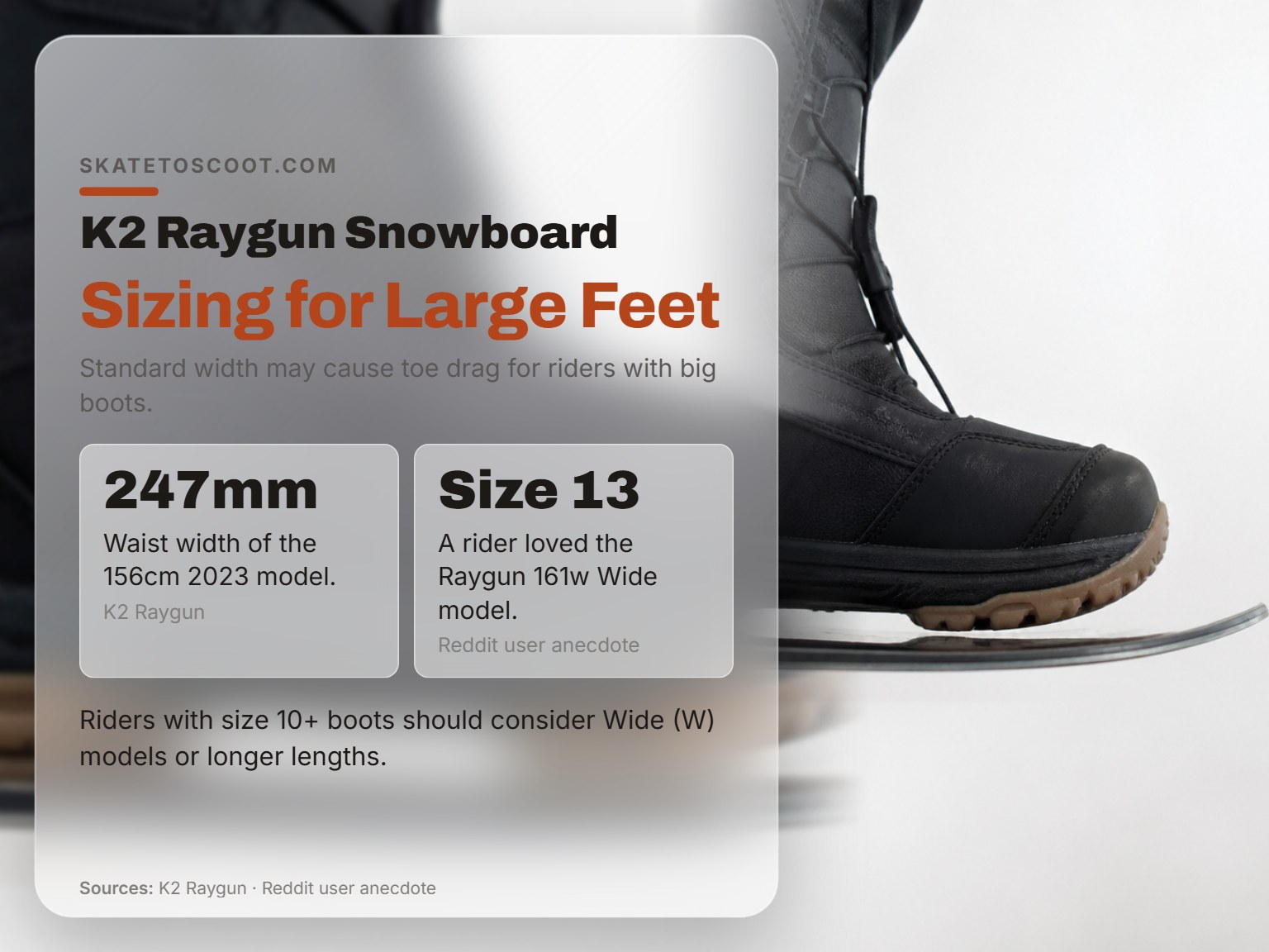 Snowboard boot toe overhang on a K2 Raygun board sizing guide.