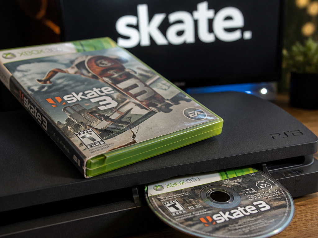 Skate 3 game case on next-gen console with new Skate logo in background