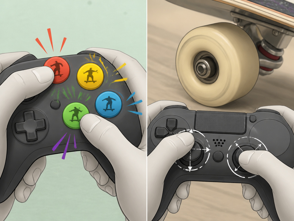 Cartoon split-screen comparing arcade button mashing versus sim twin-stick controls