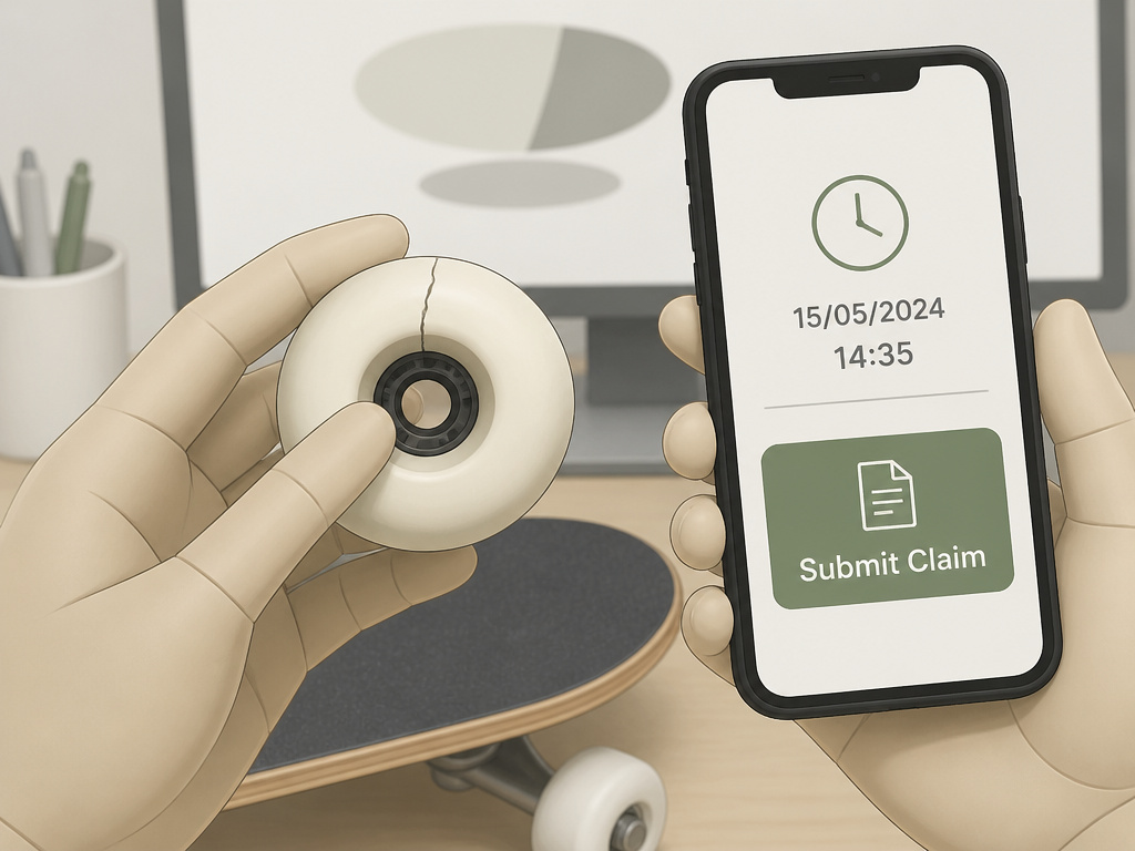 Cartoon diagram explaining Skatepro's defect claim policy for a cracked skateboard wheel.