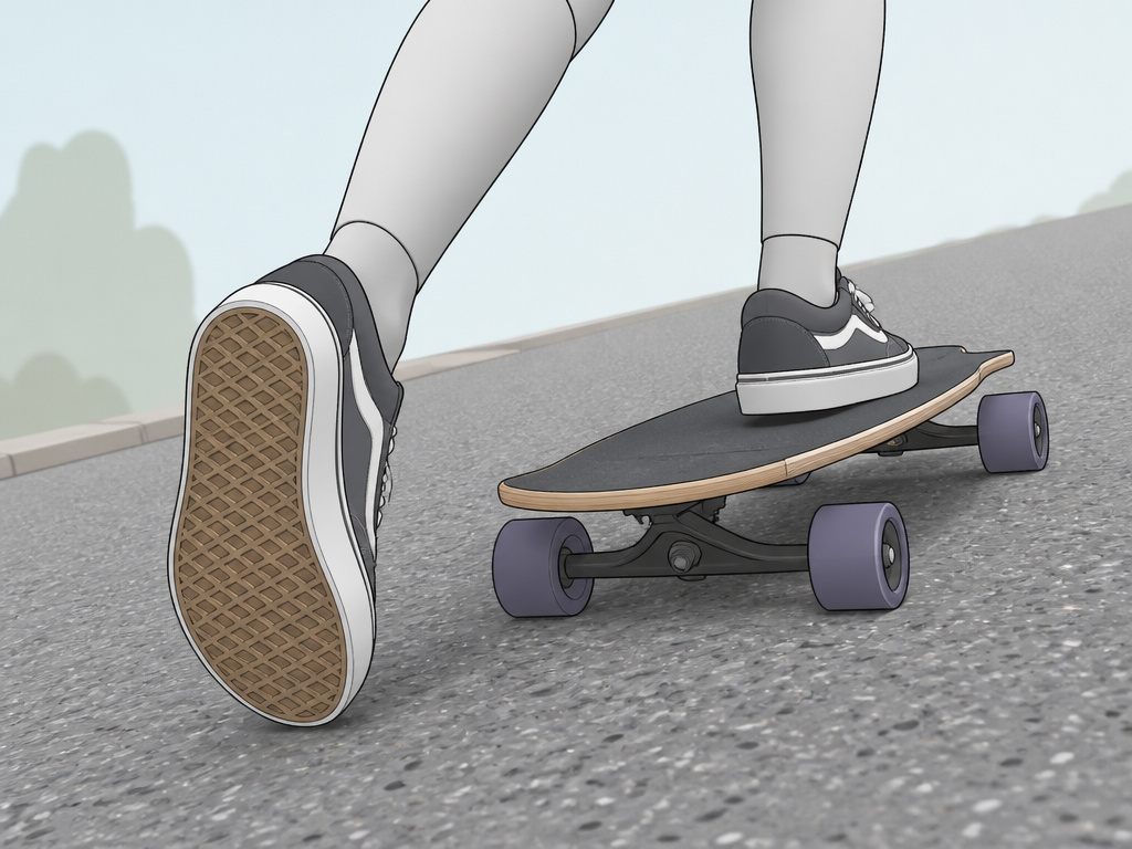 Longboarder performing a switch push uphill to build balanced endurance.