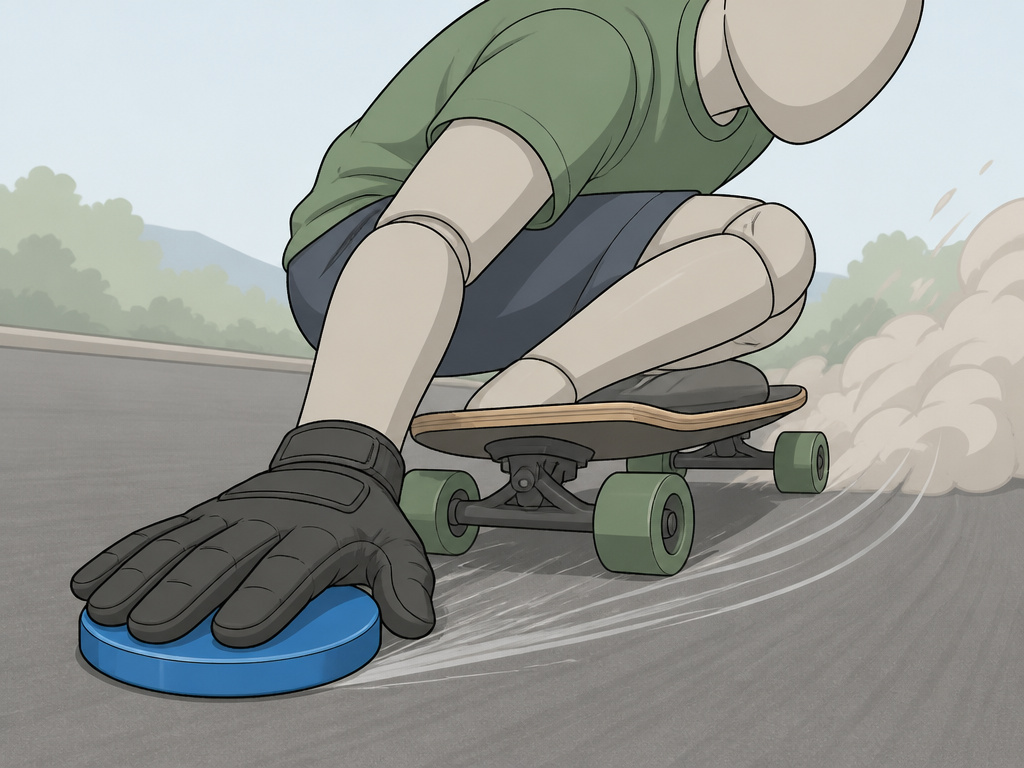 Longboarder performing a controlled slide stop with a hand-down puck.