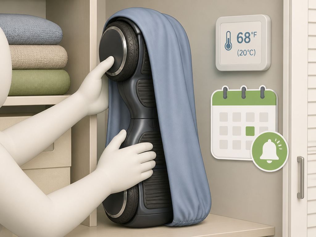 Hoverboard stored upright in a closet with a cloth cover for off-season maintenance.