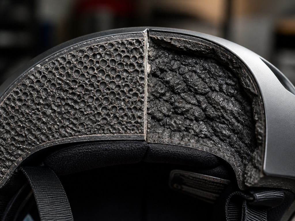 Cross-section of skate helmet foam showing impact damage and compression.