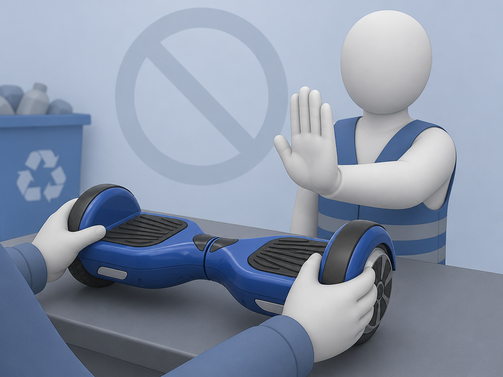 Rejected hoverboard at recycling center counter, employee says no