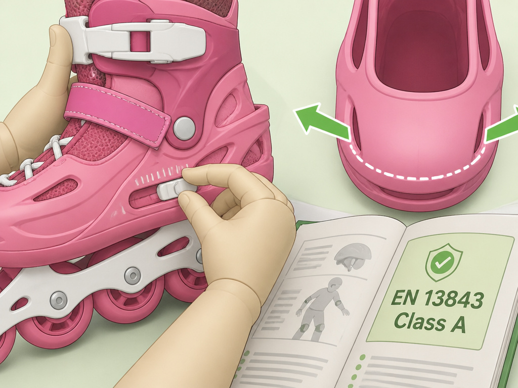 Close-up details of adjustable kids skates, wide-fit shells, and safety standard manuals.
