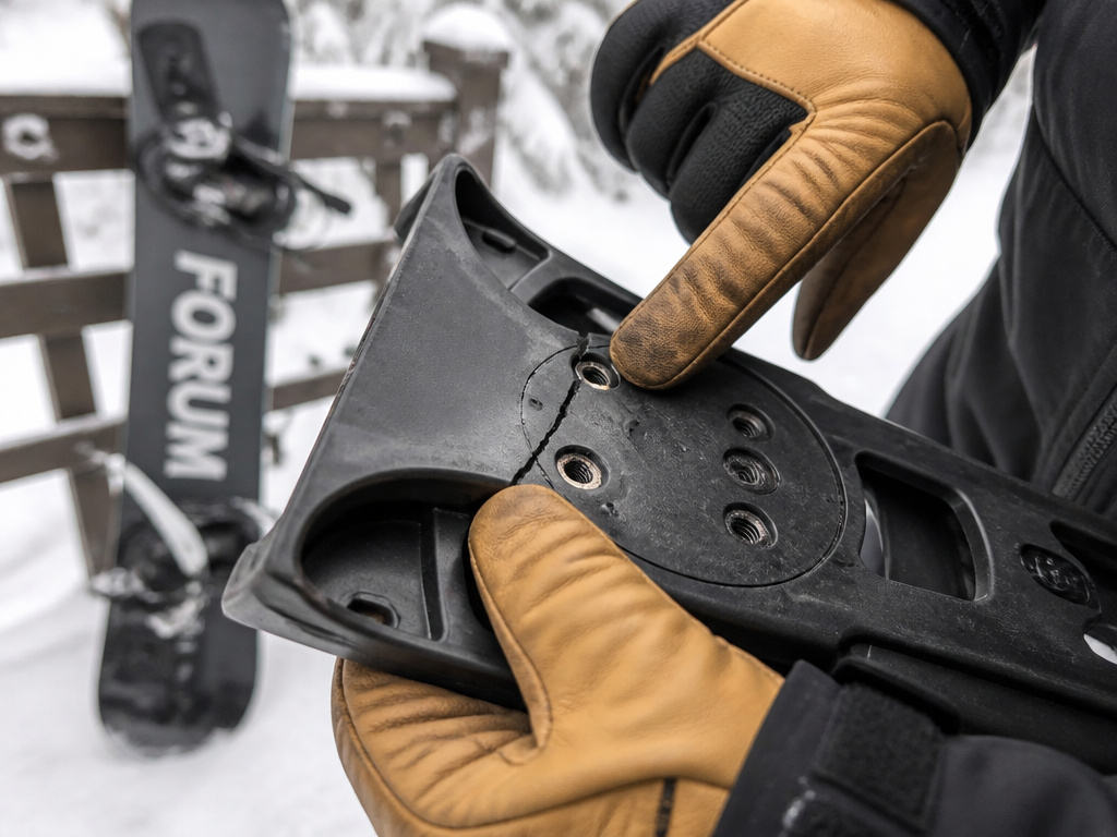 Close-up inspection of a broken snowboard binding baseplate for durability review.