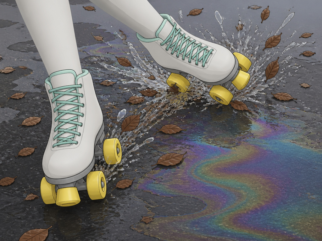 Roller skate wheels slipping on wet leaves and oily pavement in the rain.