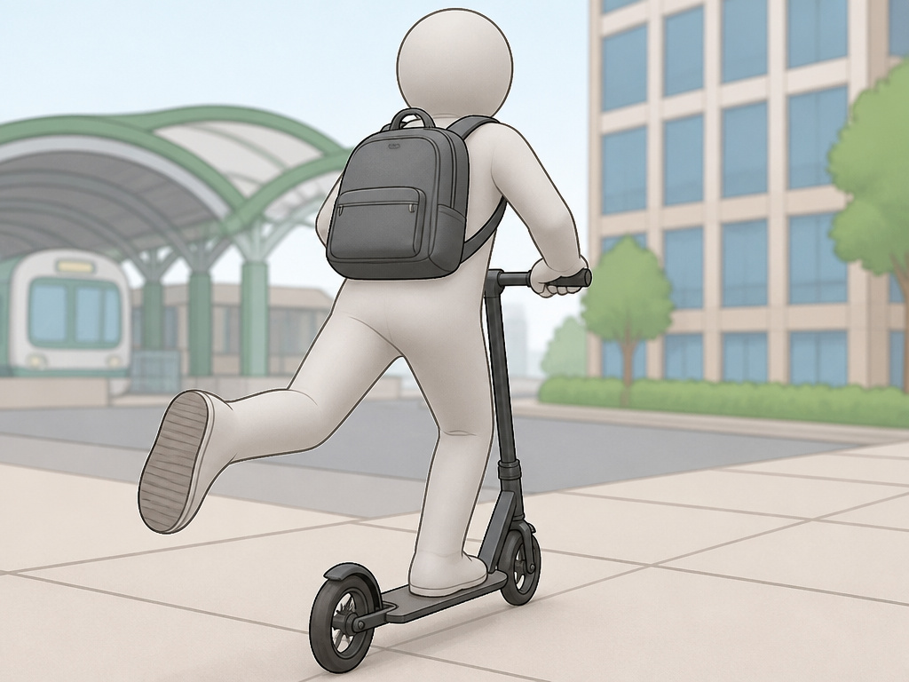 KickPed scooter rider commuting from transit station to office