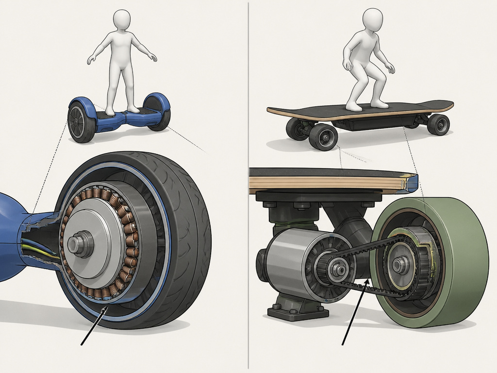 Diagram comparing hoverboard hub motor vs electric skateboard belt-drive system
