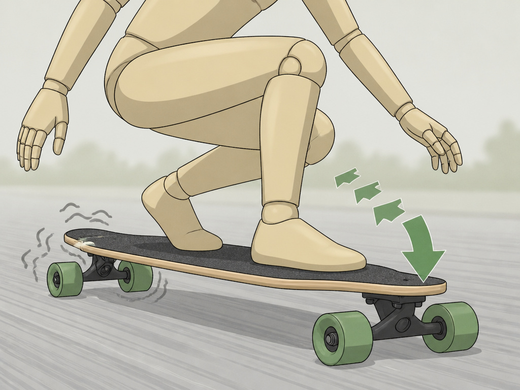 Cartoon diagram showing correct stance to prevent longboard speed wobbles.