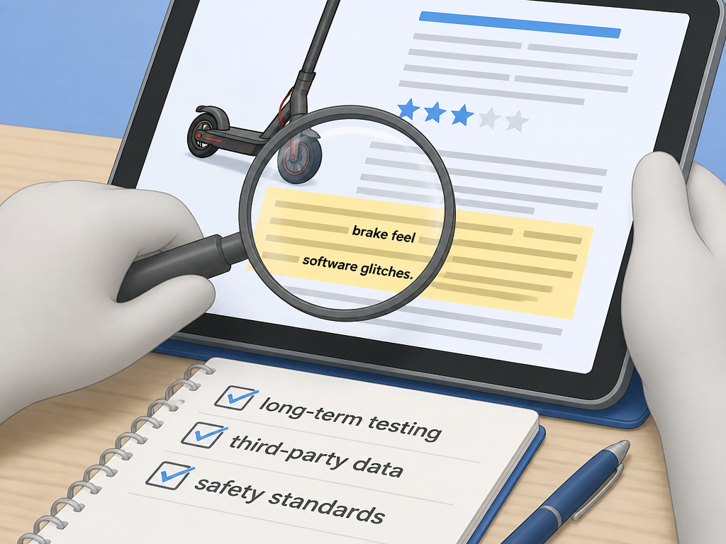 Cartoon illustration analyzing a trustworthy electric scooter review checklist.
