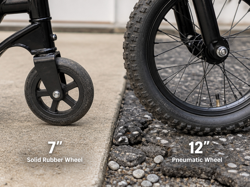 Comparison of standard solid wheels versus all-terrain pneumatic knee scooter tires.