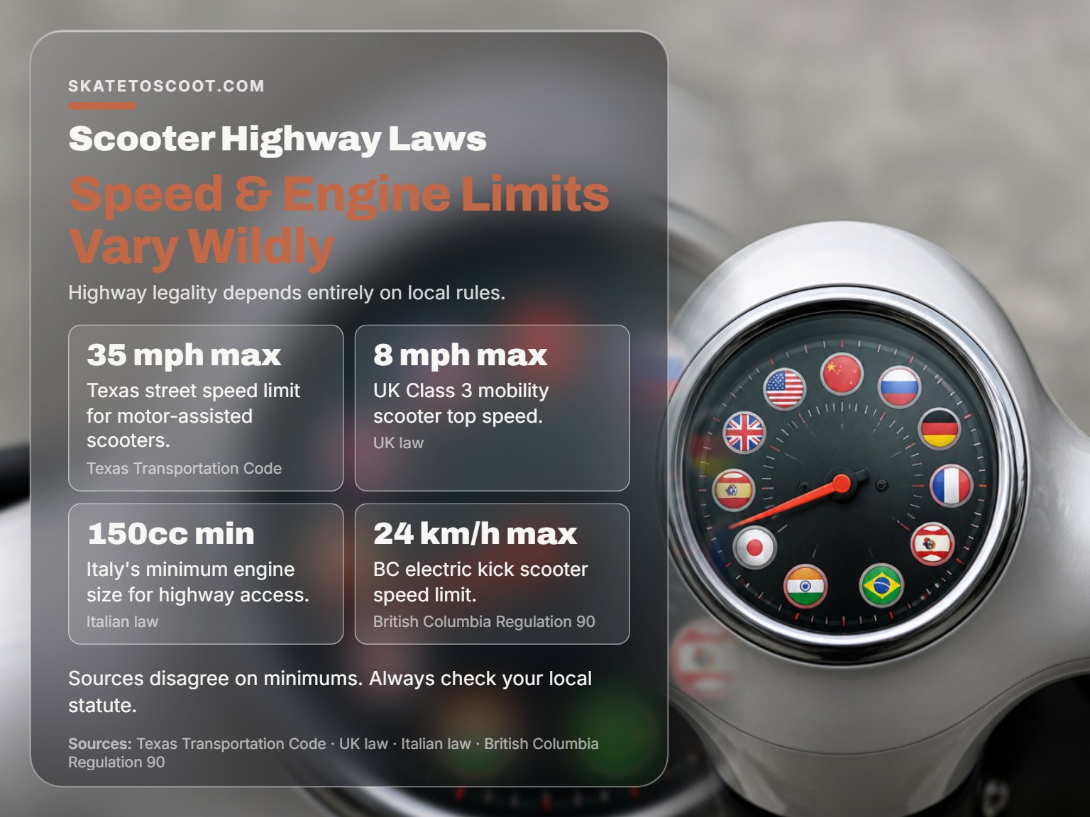 Infographic comparing scooter speed and engine size limits for highway use in different regions.