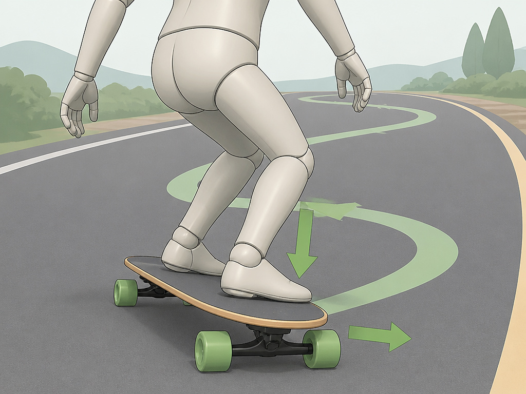 Longboarder carving to control speed on a mellow downhill slope.