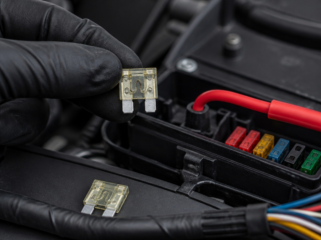 Close-up of a blown fuse being replaced on an electric scooter's wiring.