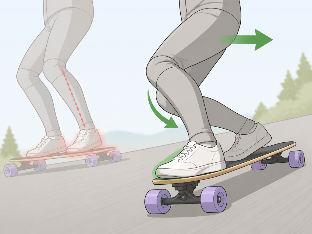 Longboard rider initiating a frontside toeside turn, weight on balls of feet.