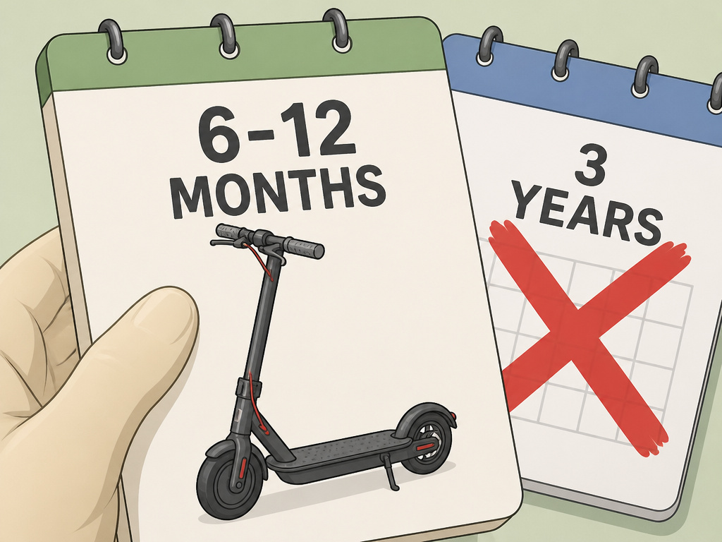 Cartoon calendar showing electric scooter rental hardware lifespan of 6-12 months.
