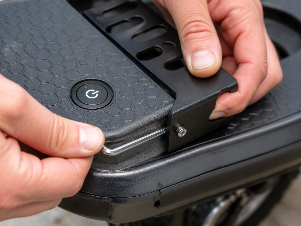 Close-up of adjusting a kart bracket for a snug fit on a hoverboard.