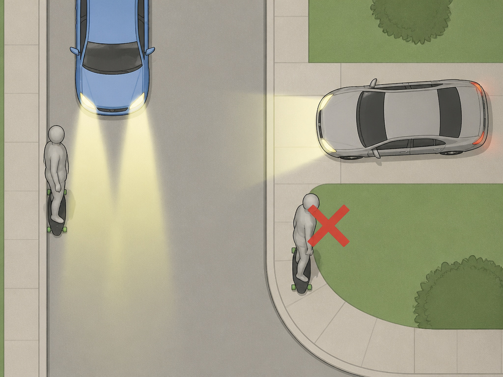 Correct and incorrect street positioning for a longboarder facing traffic