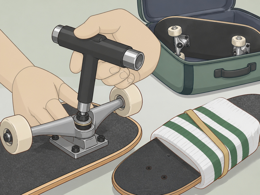 Securing skateboard hardware and grip tape for safe air travel packing.