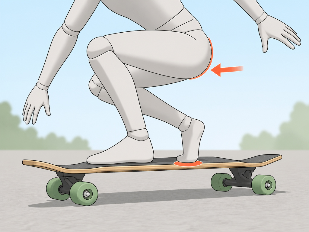 Longboarder shifting hips backward to lift nose during a manual.