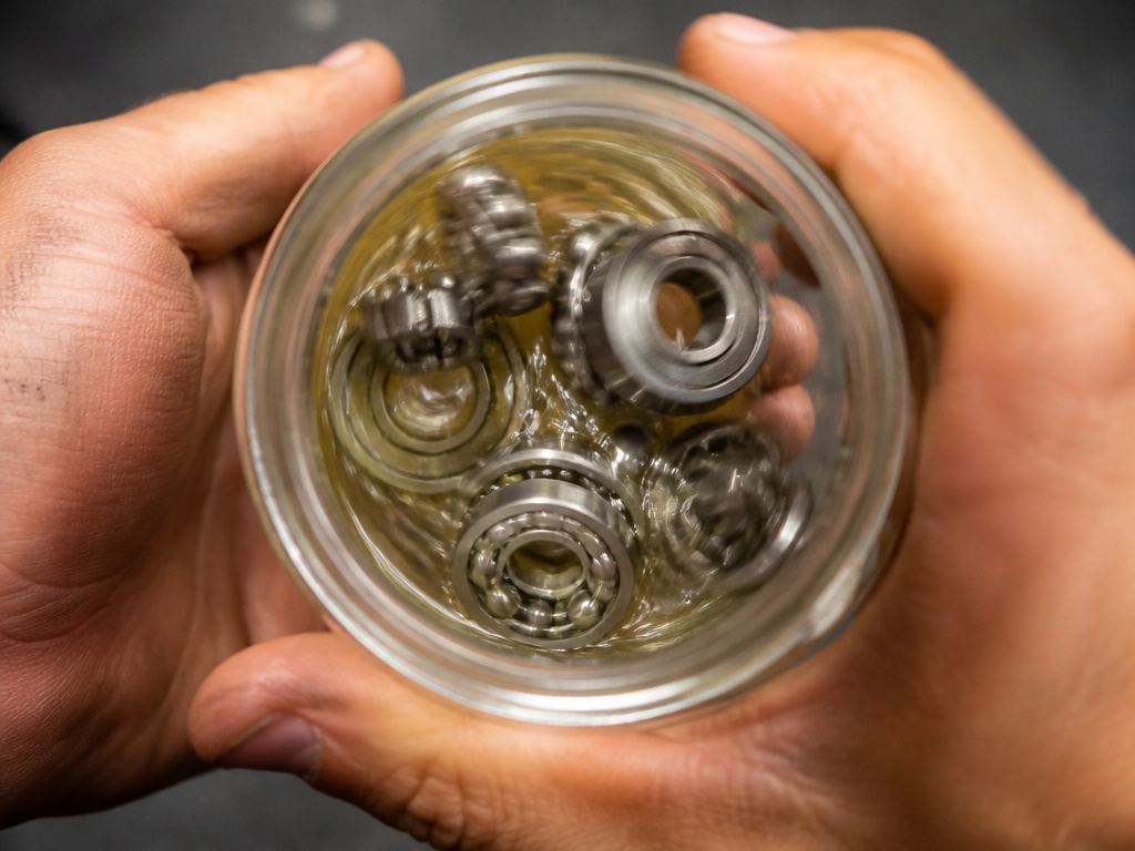 Close-up of skateboard bearing parts being shaken in a jar of cleaning solvent.