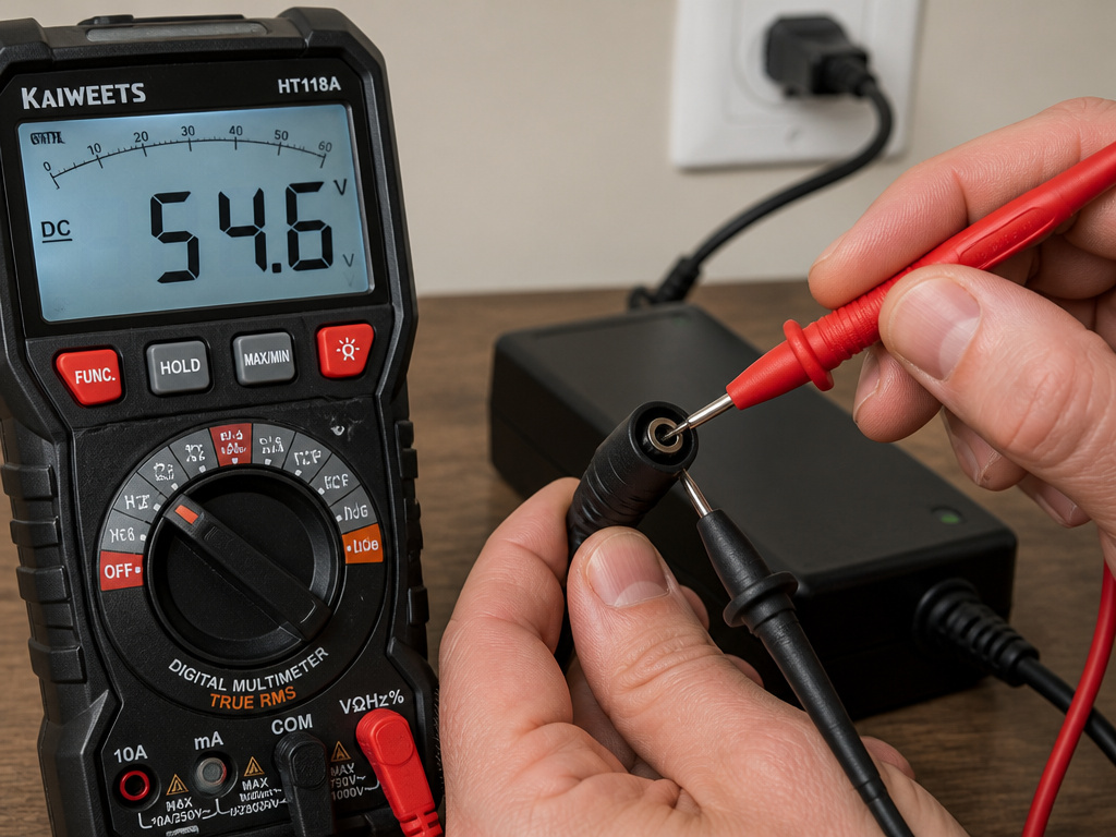 Testing electric scooter charger output voltage with a multimeter probe.