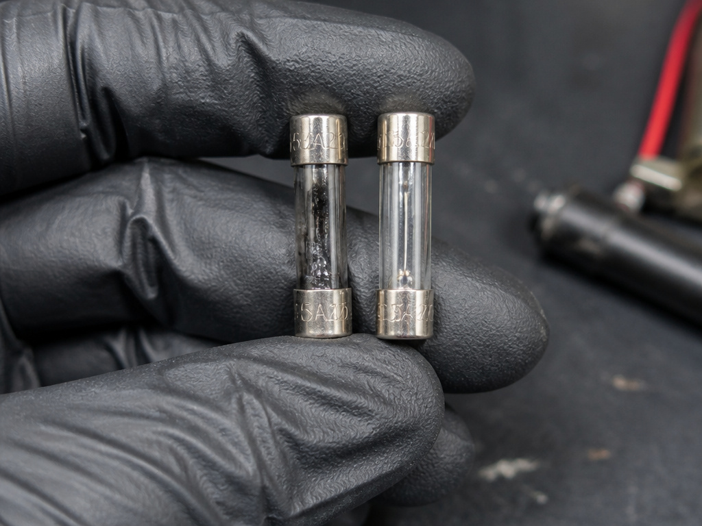 Close-up comparison of a blown fuse versus a new, intact electric scooter fuse.