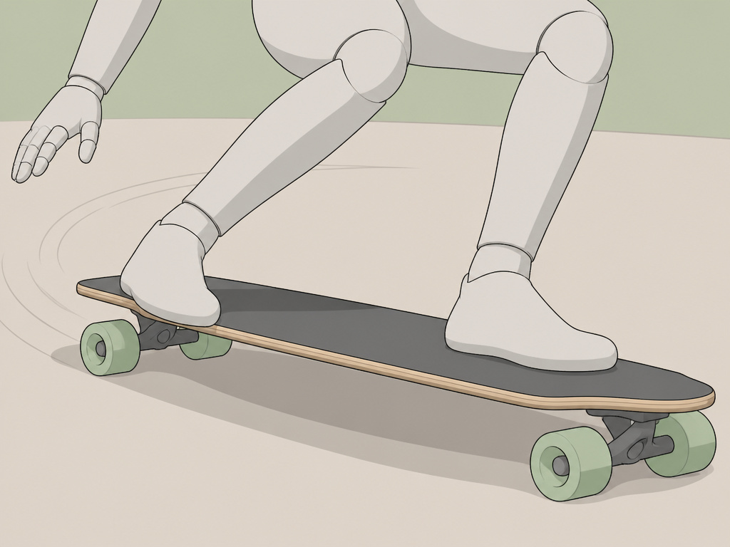 Longboarder crouching with back foot angled for a speed check.