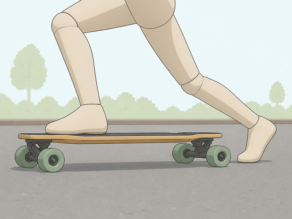 Cartoon of pushing off on a drop-down longboard for beginners.