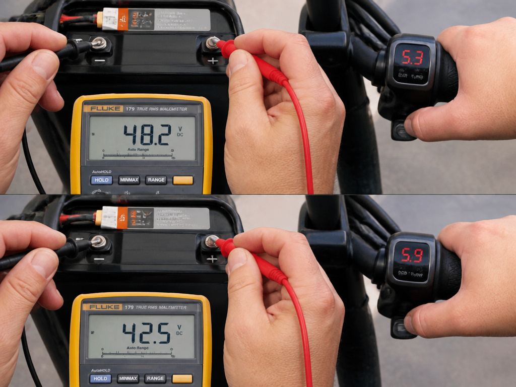 Testing electric scooter battery voltage sag under load with a multimeter