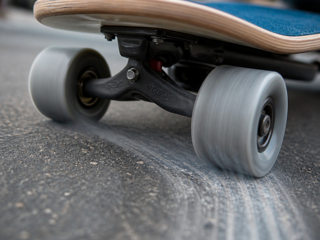 Longboard wheels skidding slightly during a carving turn on pavement.