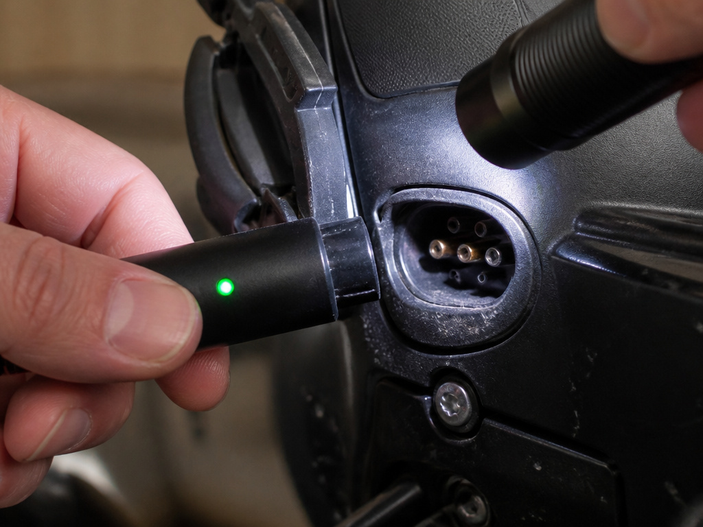 Close-up inspection of electric scooter charging port for debris and loose connection